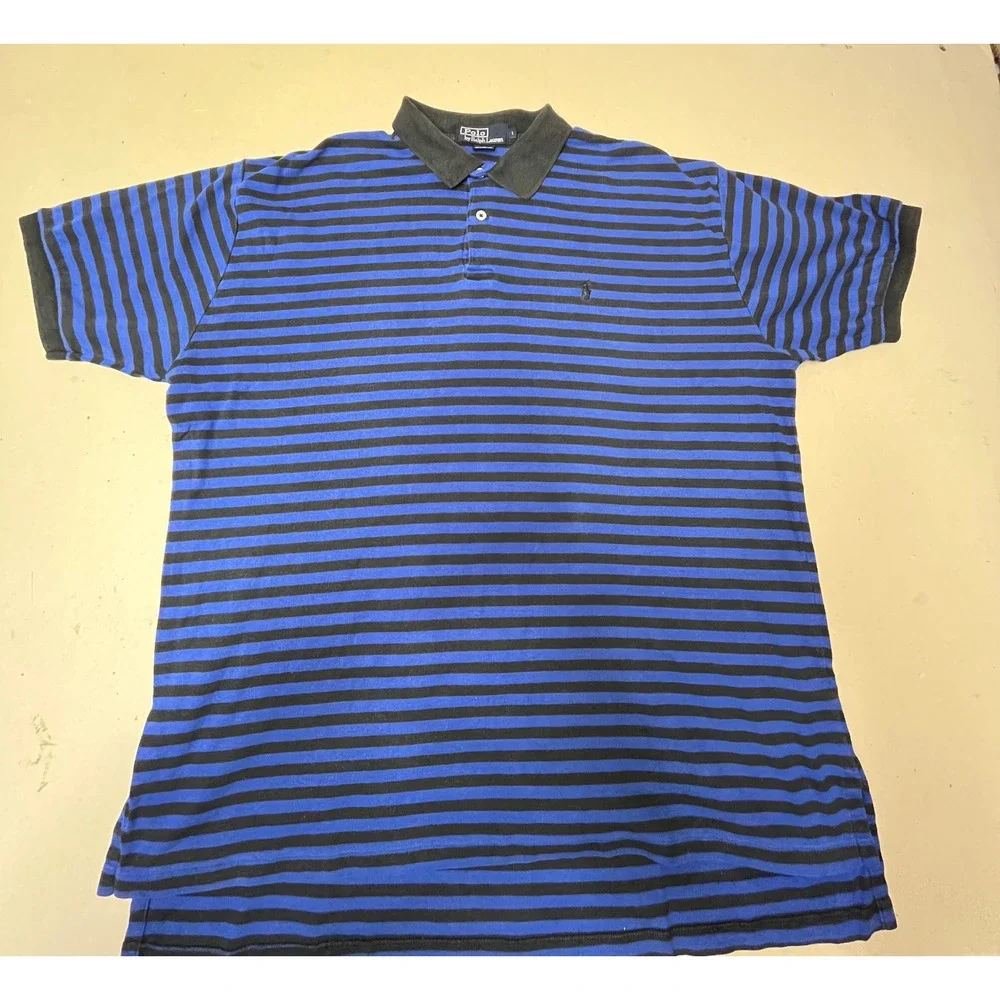 Polo Ralph Lauren Mens Striped Polo Shirt Blue Black Cotton Short Sleeve Large